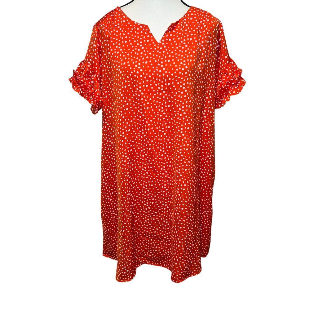 Umgee Tangerine Orange Dalmatian Print A-Line Swing Dress Ruffle Sleeve Size L